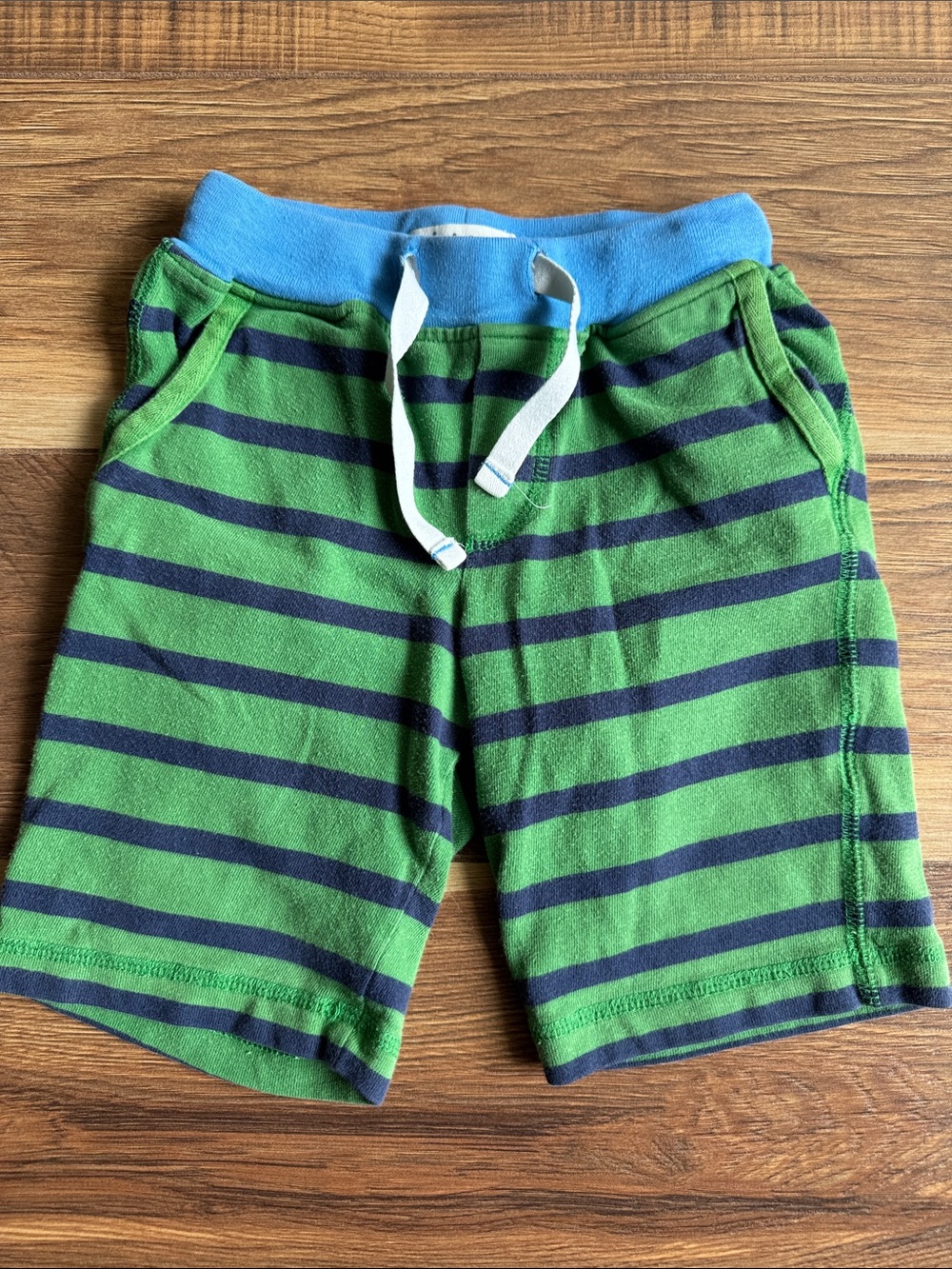 Mini Boden Green & Navy Stripe Drawstring Shorts with Blue Waistband